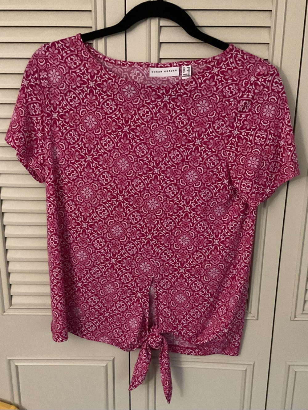 Susan Graver Pink Floral Tie-Front Short Sleeve Top